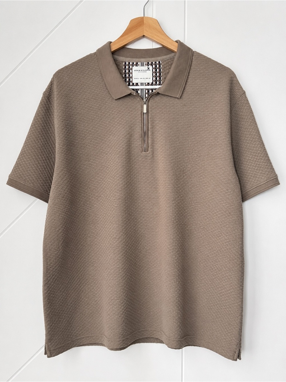 Denim & Flower Ricky Singh Textured Quarter Zip Polo Shirt XL Taupe